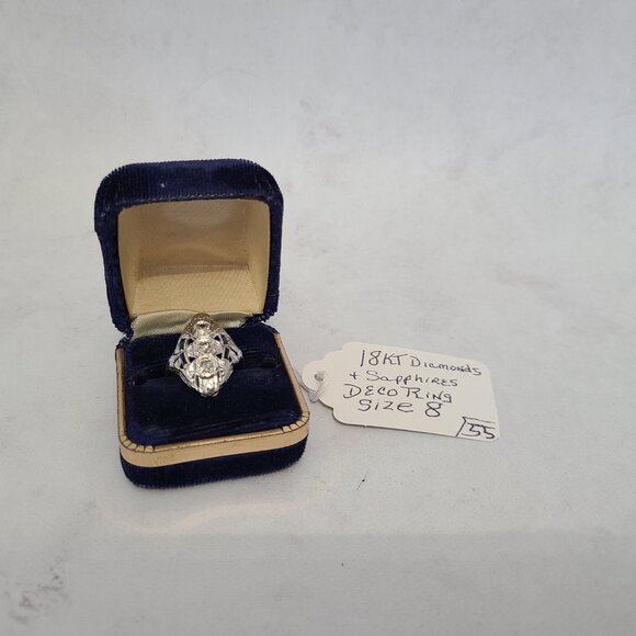 Antique 18K White Gold Art Deco Shield Ring with Diamonds and Sapphires - Picture 1 of 15